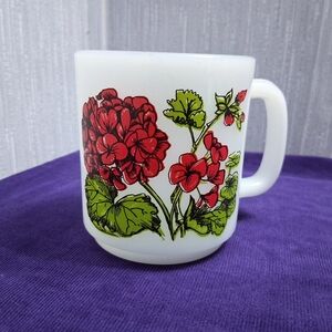 Vintage Glasbake Coffee Mug Red Geranium Language Of Flowers Tea Milk Glass
